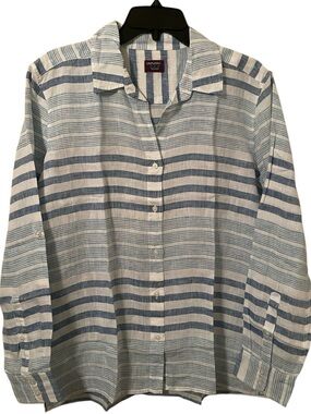 Untuckit Women's Blue White Striped Linen Vietti Button Down Shirt Size 4